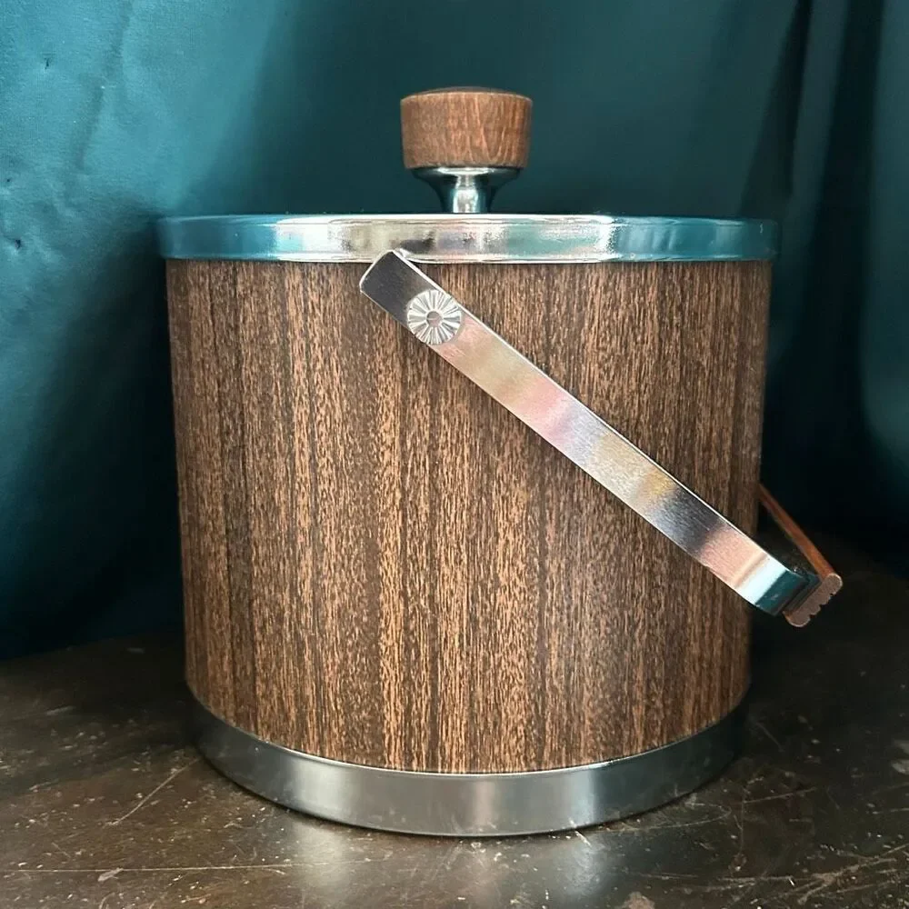 Mid-Century Atapco USA Chrome Woodgrain Ice Bucket